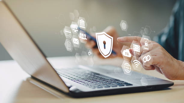 istock Cyber security and online data protection on internet of thing. Firewall shield secure access system interface with shield lock icon. Cybersecurity, privacy and business technology. Encrypted data. 2148966369