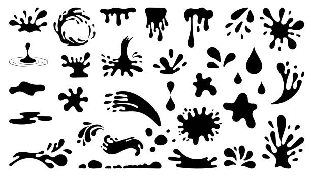 Ink, sauce, blood, river splashes and fluid. Big Set of Water drops, sea and ocean waves stencil. Black Liquid elements, cry droplet icons collection. Ink, sauce, blood, river splashes and fluid. Vector illustration isolated on white background blue ink splatter stock illustrations