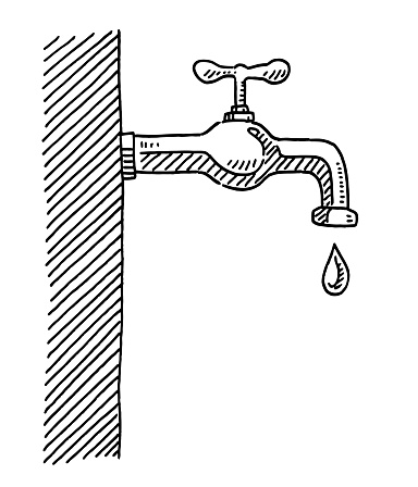 Hand-drawn vector drawing of a Faucet and a Water Drop. Black-and-White sketch on a transparent background (.eps-file). Included files are EPS (v10) and Hi-Res JPG.