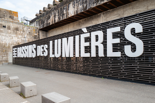 Bordeaux, France - April 8th, 2024: Entrance of the Bassins des Lumières museum in Bordeaux, France