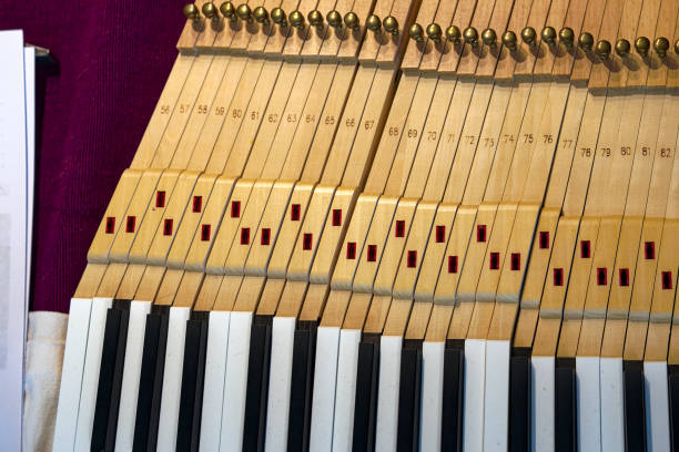 Wooden old-fashioned forte piano with young girl woman pianist walking down spiral stairs staircase for musical performance in background