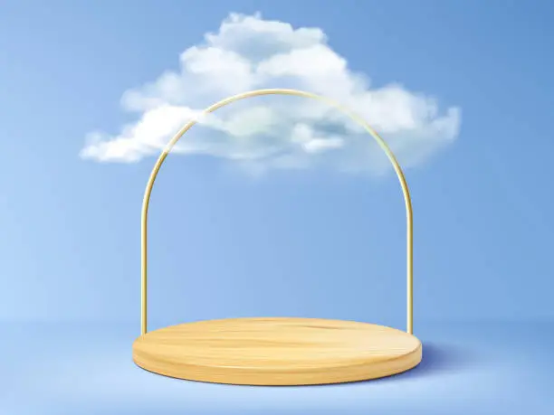 Vector illustration of Wooden cylinder podium with white fluffy cloud