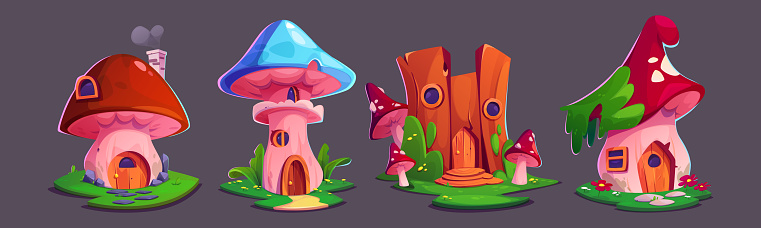 Fantasy tiny elf or animal house in mushrooms and tree stump with windows, doors and roof. Cartoon vector illustration set of magic fairy gnome home. Cute funny imaginary forest habitat cottage.