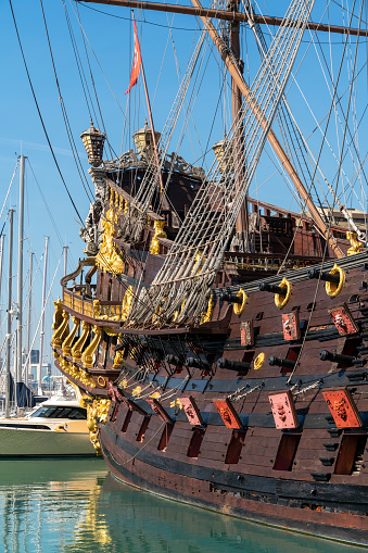 Detail of a historic sailing ship seen in Genoa, the capital of the italian region of Liguria