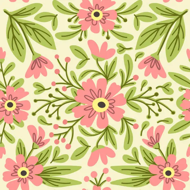 Vector illustration of Seamless pattern with lush foliage and pink flowers, inscribed in a square, tile pattern