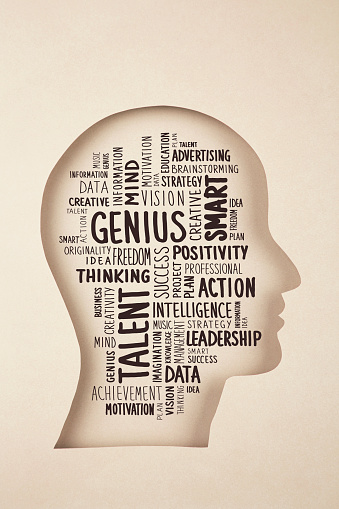 Human head in paper cut style and Smart concept word cloud
