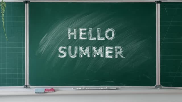 Hello summer. Animated chalkboard illustration.