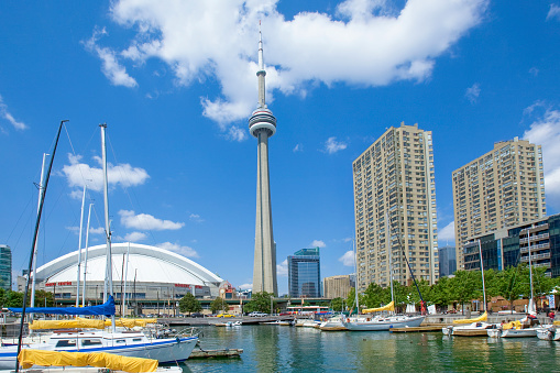 View of CN Tower, Rogers Centre and  Rees Street marina from harbourfront Toronto