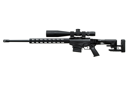 A modern sniper rifle with an optical sight. Bolt carbine isolated on white background. Weapons for sports, hunting and self-defense.