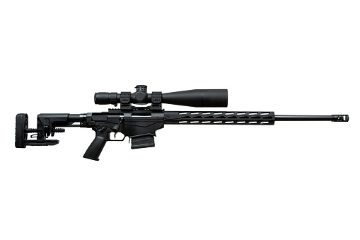 A modern sniper rifle with an optical sight. Bolt carbine isolated on white background. Weapons for sports, hunting and self-defense.