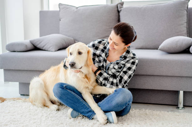 istock Happy woman petting cute dog 2148972013