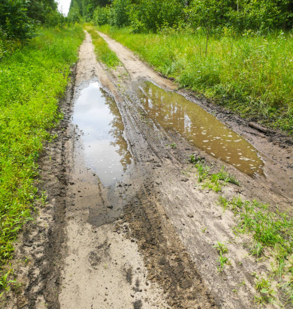istock Dirt road with puddles after rain 2148972533