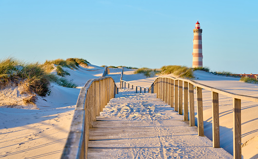 wooden pathway leading to the Barra lighthouse at the atlantic cost of Portugal near Aveiro