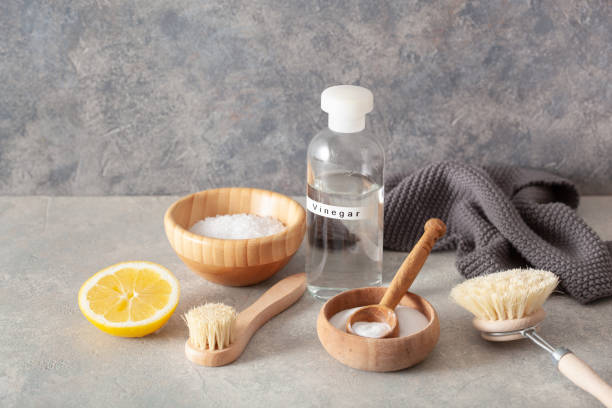 istock zero waste eco friendly cleaning concept. wooden brushes, lemon, baking soda, vinegar 2148973315