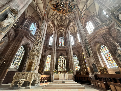 Nuremberg, Germany, 12 April 2024: St Lawrence Church, Nuremberg, Germany. Medieval Evangelical Lutheran church, built between 1400-1477 in late Germanic Sondergothic architecture
