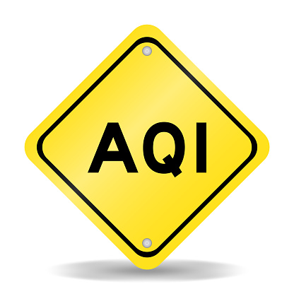 Yellow color transportation sign with word AQI (Abbreviation of air quality index) on white background