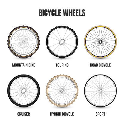 Realistic 3d retro bicycle wheels. Vintage bike rubber tyres, shiny metal spokes and rims. Fitness cycle, touring, sport, road and mountain bike. Vector illustration.