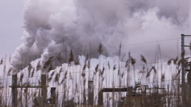 Steam pouring out of its pipes of oil refinery plant in New Jersey. Low angle view
