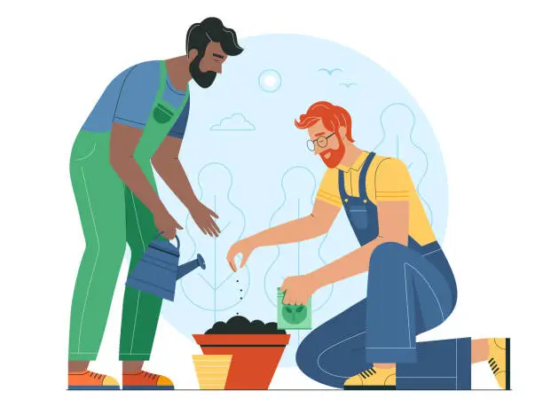 Vector illustration of Gay Couple Planting and Watering Trees