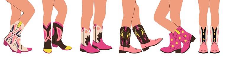 Legs in cowboy boots. Cowgirl leg, fashion young women wear wild west style shoes. Western and texas, cartoon trendy accessories vector set of cowgirl american, fashion vintage wild west illustration