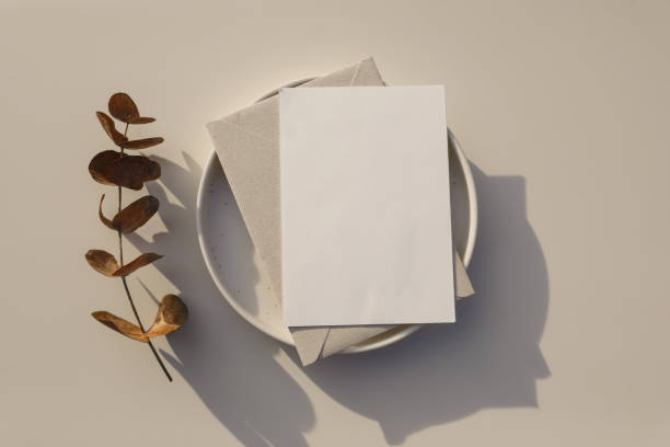 istock Neutral wedding stationery. Blank greeting card, envelope mockup in sunlight. Invitation, template on plate. Dry eucalyptus tree branch. Table background, shadows. Floral composition. Flatlay, top view. 2148977280