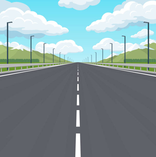 istock Straight empty highway stretching to the horizon. Asphalt road running through green fields with distant forests and snow-capped mountains. Vector landscape in flat style. 2148977423