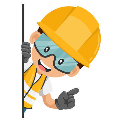 Industrial construction worker peeking out from behind a wall pointing finger. Express an idea and indicate it with the index finger. Industrial safety and occupational health at work