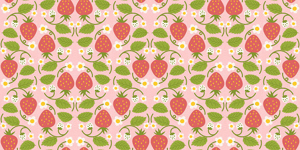 Strawberry-themed seamless pattern design featuring delightful berries, flowers, green leaves. Recurring surface design suitable for apparel, textiles, wrapping paper, and various applications.