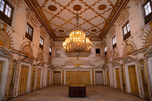 Interiors, Main hall, Moti Mahal, it was used as the Assembly Hall of Madhya Bharat during Scindia State period, Gwalior, Madhya Pradesh, India