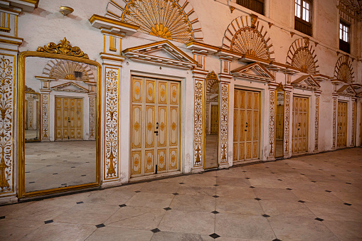 Interiors, Main hall, Moti Mahal, it was used as the Assembly Hall of Madhya Bharat during Scindia State period, Gwalior, Madhya Pradesh, India