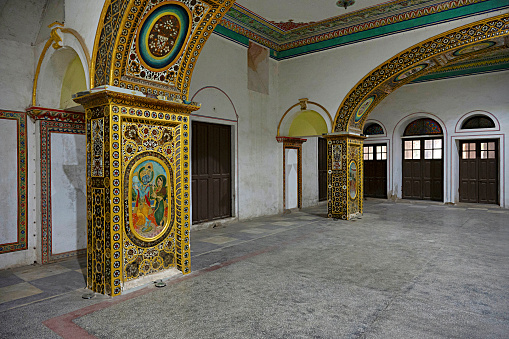 Colourful glass work on a pillar, Moti Mahal, it was used as the Assembly Hall of Madhya Bharat during Scindia State period, Gwalior, Madhya Pradesh, India