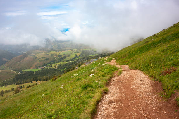 Mountain hiking trail and people walking in Dolomite alps