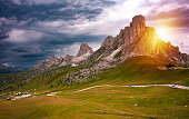 Sunset in Dolomite mountains, Italy, in summer. Giau pass panoramic view