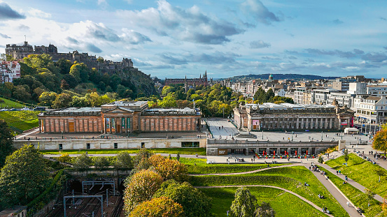 Aerial view of the Scottish National Gallery and Royal Scottish Academy, aerial view of Edinburgh, art gallery in Edinburgh city centre, aerial view of Edinburgh old town, aerial view of Edinburgh Royal Mile - The Hub

The National (formerly the Scottish National Gallery) is the national art gallery of Scotland. It is located on The Mound in central Edinburgh, close to Princes Street.

The Royal Scottish Academy (RSA) is the country’s national academy of art. It promotes contemporary Scottish art.