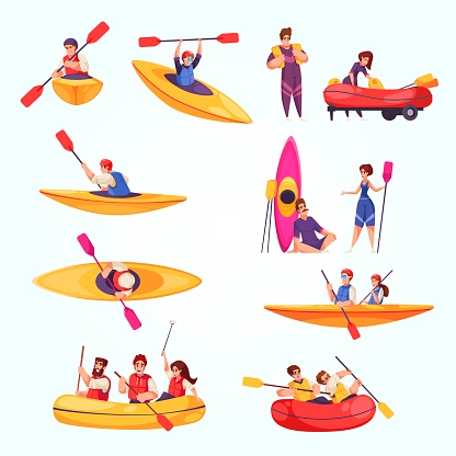 River rafting cartoon icons set with people doing extreme water sports isolated vector illustration