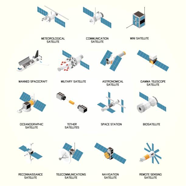 isometrischer satz verschiedener arten von satelliten und raumfahrzeugen isoliert vor schwarzem hintergrund 3d - satellit stock-grafiken, -clipart, -cartoons und -symbole