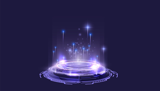 Magic circle teleport podium with hologram effect. Magic gate in game fantasy. Vector illustration