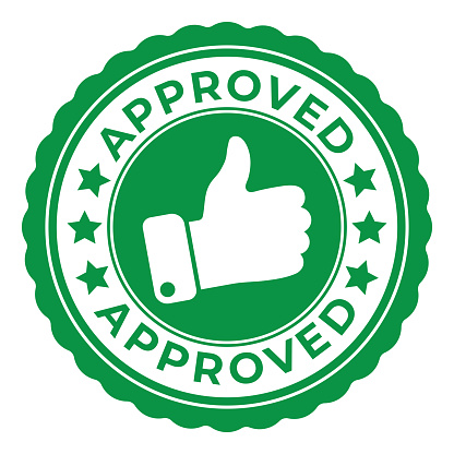 Green Approved isolated round stamp, sticker, sign with Stars and Thumb Up icon vector illustration