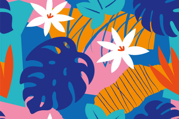 Collage contemporary floral seamless pattern. Modern exotic jungle fruits and plants illustration in vector. Stock illustration