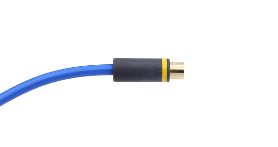 Blue colored AV cable connector isolated on white background.
