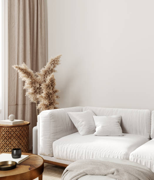 istock Home interior background, modern living room, blank wall, 3D render 2148985108