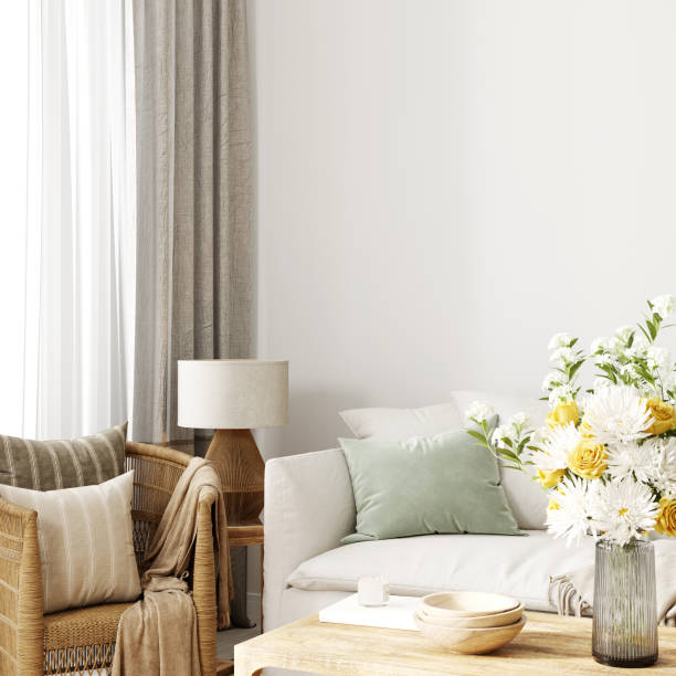 istock Home interior background, modern living room, blank wall, 3D render 2148985114