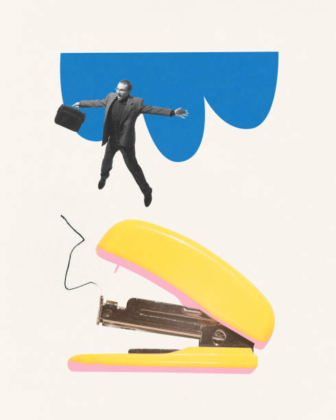 istock Contemporary art collage. Businessman in mid-jump with briefcase jumping over broken oversized stapler. 2148985614