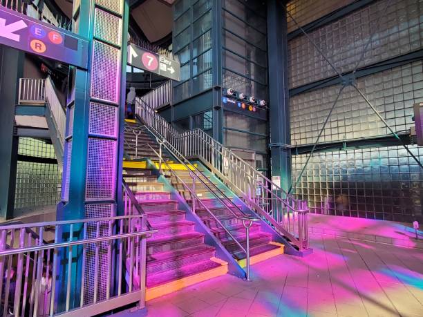 Jackson Heights Queens subway station with Multicolored Lighting
