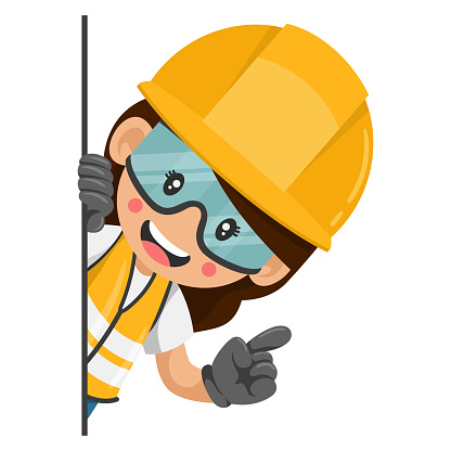 Industrial construction worker woman peeking out from behind a wall pointing finger. Express an idea and indicate it with the index finger. Industrial safety and occupational health at work