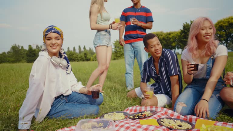 Group of millennials friends making a picnic at the park