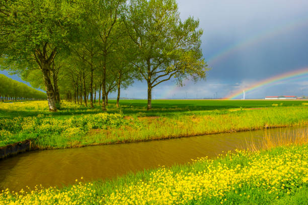 Dark sky and a rainbow over a rural landscape, Almere, Flevoland, The Netherlands, April 17, 2024