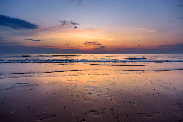 Panoramic beach landscape. Beach seascape horizon. Golden sunset sky, summer mood.