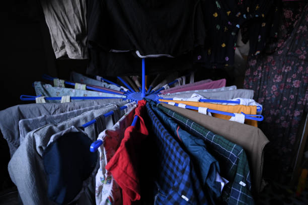 Hanging children's clothes on the clothesline