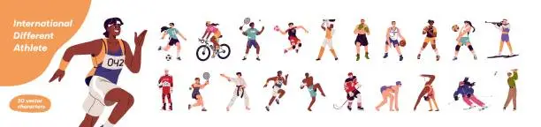Different sportsmen, sportswomen play games set. Athletes of various sports: swimming, skiing. Football, basketball, tennis, ice hockey players. Flat isolated vector illustration on white background Different sportsmen, sportswomen play games set. Athletes of various sports: swimming, skiing. Football, basketball, tennis, ice hockey players. Flat isolated vector illustration on white background